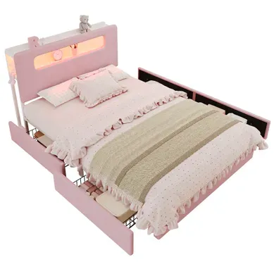 Lit Enfant Rembourré 140x200cm,tiroirs,tête De Lit Avec Rangements,led Pilotée Par Application,rose Lit Enfant Rembourré 140x200cm,tiroirs,tête De Lit Avec Rangements,led Pilotée Par Application,rose