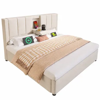 Lit Coffre Rembourré 140x190 Cm, Rangement Hydraulique, Porte-gobelet, Recharge, Lin, Beige
