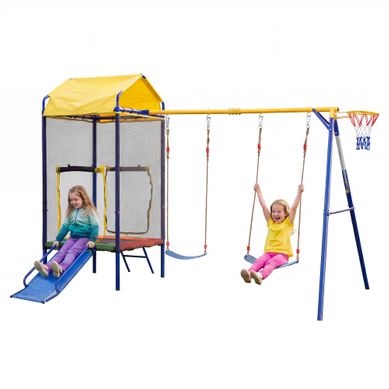 Aire De Jeux Extérieure 4 En 1 Portique Balançoire Trampoline Toboggan