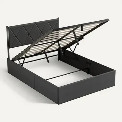 Lit Coffre 140 X 200 Cm, Sommier Relevable, Avec Rangement, Tête De Lit, Gris