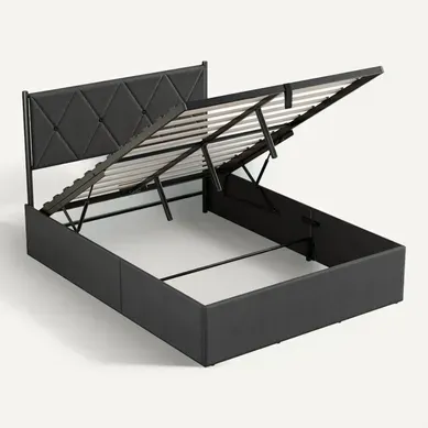 Lit Coffre 160 X 200 Cm, Sommier Relevable, Avec Rangement, Tête De Lit, Gris Lit Coffre 160 X 200 Cm, Sommier Relevable, Avec Rangement, Tête De Lit, Gris