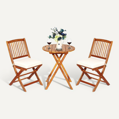 Ensemble De Table Et Chaises Pliable, Avec 2 Chaises Et 1 Table Ronde En Bois D’acacia Naturel Ensemble De Table Et Chaises Pliable, Avec 2 Chaises Et 1 Table Ronde En Bois D’acacia Naturel