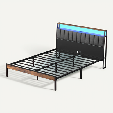 Cadre De Lit 140 X 190 Avec Base En Métal, Lit 2 Personnes, Avec Lumières LED Et Prises Multiples