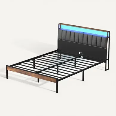 Cadre De Lit 140 X 200 Avec Base En Métal, Lit 2 Personnes, Avec Lumières LED Et Prises Multiples