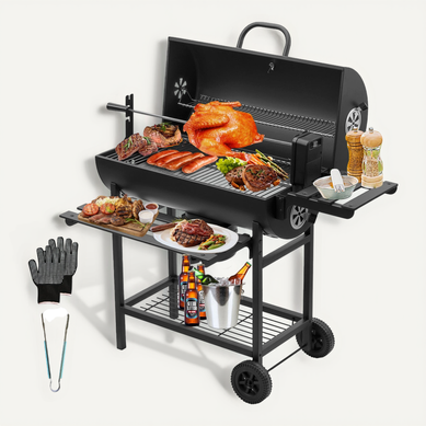 Barbecue à charbon de bois XXL avec couvercle, thermomètre, tiroir à cendres, gants anti-brûlure Barbecue à charbon de bois XXL avec couvercle, thermomètre, tiroir à cendres, gants anti-brûlure