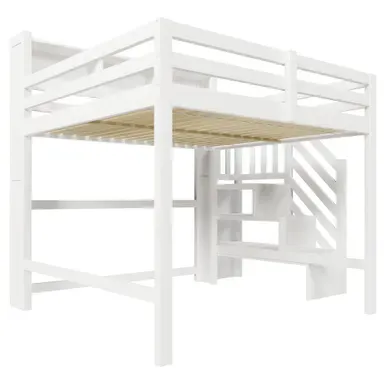 Lit Mezzanine, 140 X 200 Cm, Avec éclairage LED, Grand Espace De Rangement Sous Le Lit, Blanc Lit Mezzanine, 140 X 200 Cm, Avec éclairage LED, Grand Espace De Rangement Sous Le Lit, Blanc