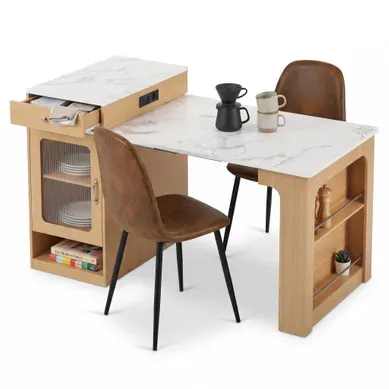 Ensemble repas 3 pièces, table avec rangement, prise et 2 chaises, Rond Ensemble repas 3 pièces, table avec rangement, prise et 2 chaises, Rond