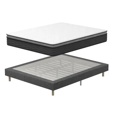 Ensemble Matelas ressort ensachés 160x200cm Epaisseur 25cm + Sommier tapissier gris, 9 pieds fournis