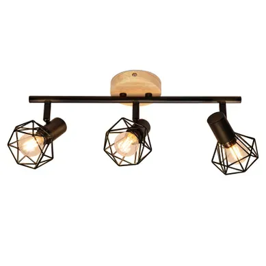 Spot 3 Lumières Noir En Bois Lampe De Plafond Vintage Orientable À 350° Pour Chambre Sans Ampoule