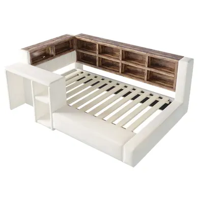 Lit Rembourré 90 X 200 Cm Avec Rangements, LED, Prises Et Tablette, Beige Lit Rembourré 90 X 200 Cm Avec Rangements, LED, Prises Et Tablette, Beige
