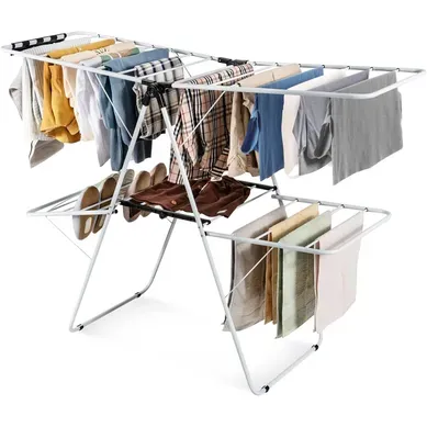 Étendoir Linge Intérieur, Sechoir à Linge Pliable En Acier 2 Niveaux, Tancarville Linge Solide Étendoir Linge Intérieur, Sechoir à Linge Pliable En Acier 2 Niveaux, Tancarville Linge Solide