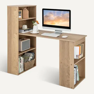 Bureau Droit Réversible Avec Bibliothèque, Assemblage Facile, Pour Maison, Bureaux (naturel) Bureau Droit Réversible Avec Bibliothèque, Assemblage Facile, Pour Maison, Bureaux (naturel)