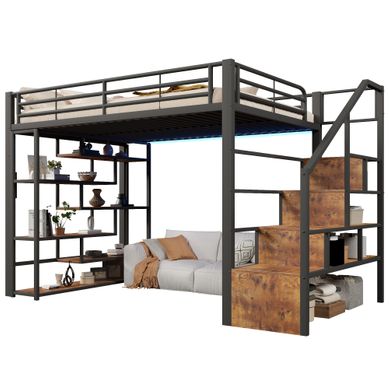 Lit Mezzanine 140x200 Cm Avec échelle, Rangements Intégrés Et Bande LED En Métal Noir