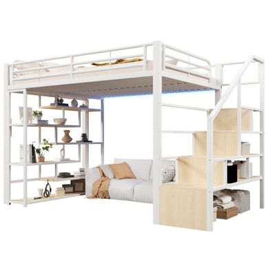 Lit Mezzanine 140x200 Cm Avec échelle, Rangements Intégrés Et Bande LED En Métal Blanc