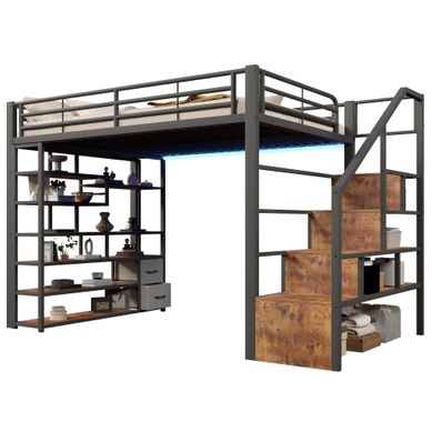 Lit Mezzanine 140x200cm, échelle, Rangements Intégrés, 2 Tiroirs Tissu, LED, Métal Noir