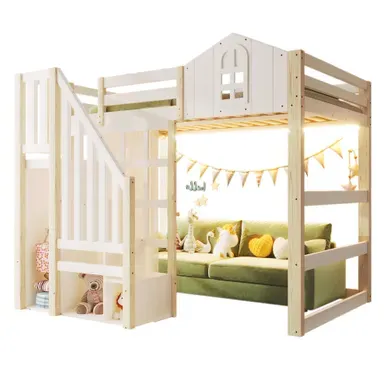 Lit Mezzanine 140x200 Cm Avec échelle De Rangement, Rideau Et Bande LED En Pin Blanc Et Naturel