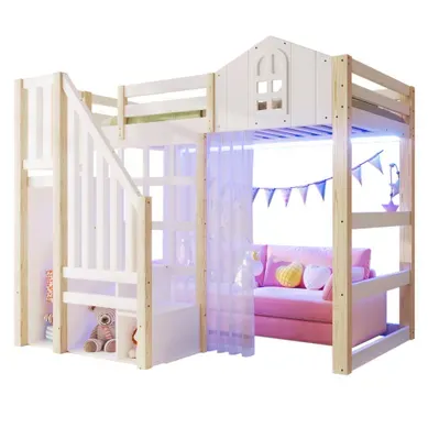 Lit Mezzanine 90x200 Cm Avec échelle De Rangement, Rideau Et Bande LED En Pin Blanc Et Naturel