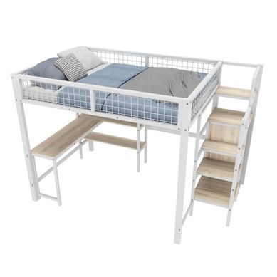 Lit Mezzanine 140x200 Cm Avec Bureau, étagères Et Armoire Intégrée En Métal Blanc