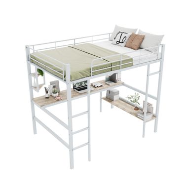 Lit Mezzanine 140x200 Cm Avec Bureau, 4 étagères Et Bibliothèque En Métal Blanc