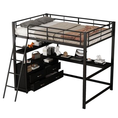 Lit Mezzanine 140x200 Cm Avec Bureau L, 4 Tiroirs Et Rangements En Métal Noir
