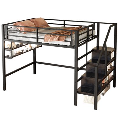 Lit Mezzanine 140x200 Cm Avec échelle De Rangement, étagères Et Espace De Jeu En Métal Noir