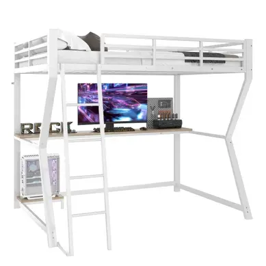 Lit Mezzanine 90x200 Cm Avec Bureau, étagère PC, Prise USB Et Bande LED En Métal Blanc
