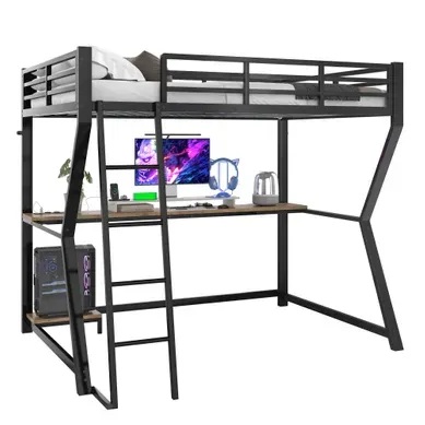 Lit Mezzanine 90x200 Cm Avec Bureau, étagère PC, Prise USB Et Bande LED En Métal Noir