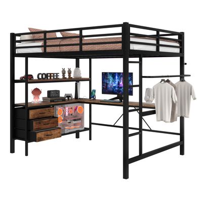 Lit Mezzanine 140x200 Cm Avec Bureau, 3 Tiroirs, étagères, Prise USB Et Bande LED En Métal Noir