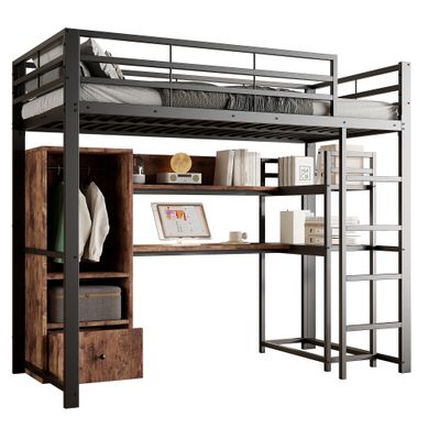 Lit Mezzanine 140x200 Cm Avec Bureau, 1 Tiroir, étagères Et Bande LED En Métal Noir