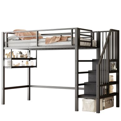 Lit Mezzanine 90x200 Cm Avec échelle De Rangement, étagères Et Espace De Jeu En Métal Noir