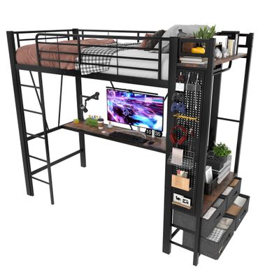 Lit Mezzanine 90x200cm, Bureau, 4 Tiroirs, Barre Séchage, USB/type-c, LED, Métal Noir