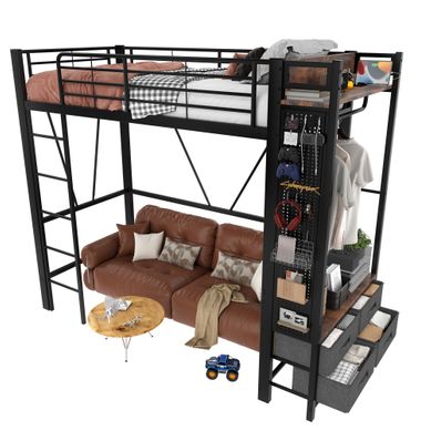 Lit Mezzanine 90x200 Cm Avec 4 Tiroirs, Barre De Séchage, USB/type C Et Bande LED En Métal Noir