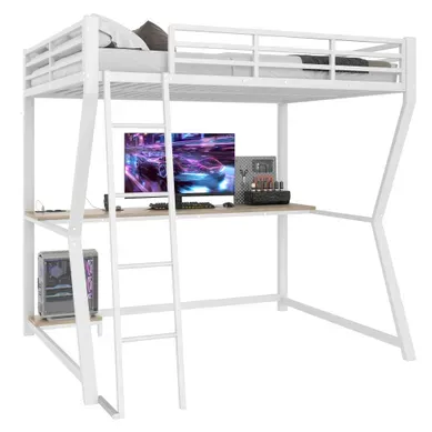 Lit Mezzanine 140x200 Cm Avec Bureau, étagère PC, Prise USB Et Bande LED En Métal Blanc