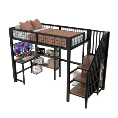 Lit Mezzanine 90x200 Cm Avec Bureau, étagères Et Armoire Intégrée En Métal Noir