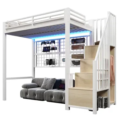Lit Mezzanine 90x200cm En Métal Avec Rangements Dans L'échelle, Penderie Et LED 7 Couleurs