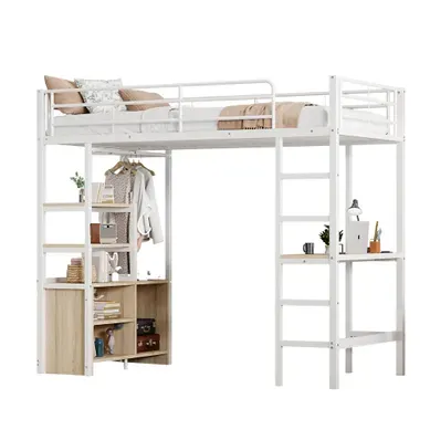 Lit Mezzanine 90x200cm En Métal Blanc Avec Bureau, USB, Prise Et Rangements