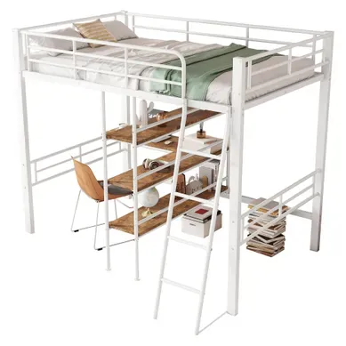 Lit Mezzanine 90x200cm En Métal Blanc Avec Bureau, étagères, Certifié En747