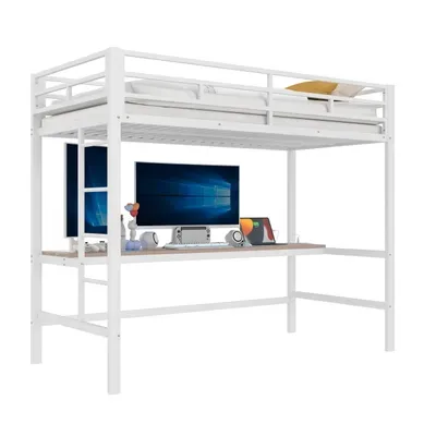 Lit Mezzanine 90x200cm En Métal Blanc Avec Bureau, USB, Prise, LED 7 Couleurs Et En747