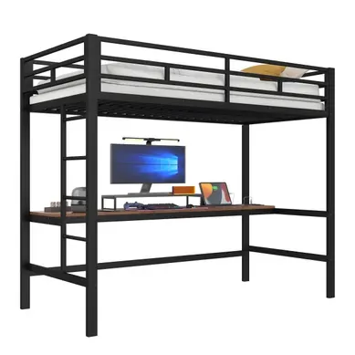 Lit Mezzanine 90x200cm En Métal Noir Avec Bureau, USB, Prise, LED 7 Couleurs Et En747
