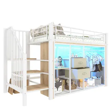 Lit Mezzanine 90x200cm En Métal Blanc Avec 2 Tiroirs, Penderie Ouverte, LED Et Rangements