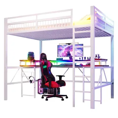 Lit Mezzanine 140x200cm En Métal Blanc Avec Bureau, LED, USB, Type-c, 2 Prises Et Panneau Perforé