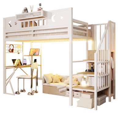 Lit Mezzanine 90x200cm En Métal Blanc Avec Bureau, Rangements, LED, USB Et Panneau Perforé