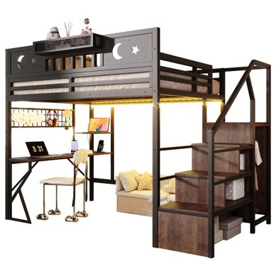 Lit Mezzanine 140x200cm En Métal Noir Avec Bureau, Rangements, LED, USB Et Panneau Perforé