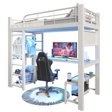 Lit Mezzanine 90x200cm En Métal Blanc Avec Rangements, LED, USB Et Panneau Perforé