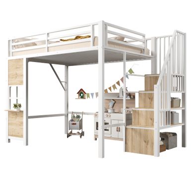 Lit Mezzanine 140x200 En Métal Blanc, Rangements échelle, Fenêtre Décorative Et Espace Ouvert.