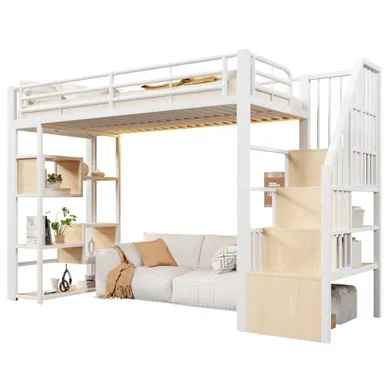 Lit Mezzanine 90x200cm En Métal Blanc Avec LED, Rangements Dans L'échelle Et Espace Ouvert
