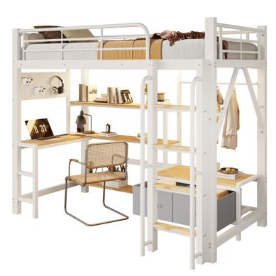 Lit Mezzanine 90x200cm En Métal Blanc Avec Bureau, Rangements, LED, USB Et Panneau Perforé