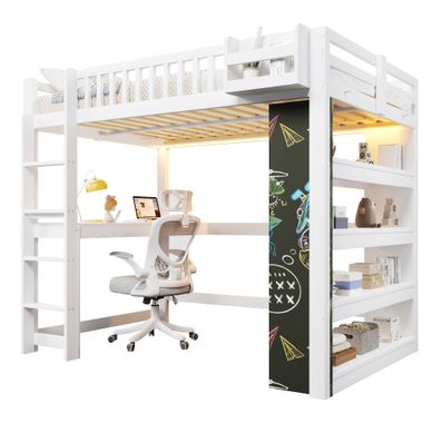 Lit Mezzanine 140x200cm Avec Tableau Noir, LED, Bureau Et Rangements