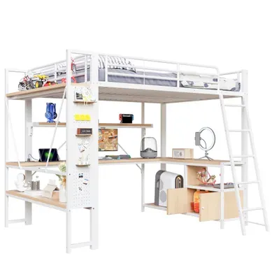 Lit Mezzanine 140x200 Cm Avec Bureau, LED Et Rangements