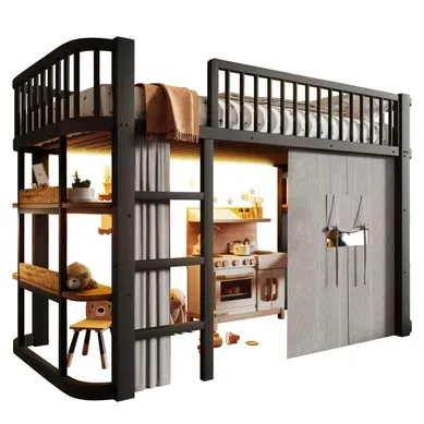 Lit Mezzanine 90x200 Cm Avec Rideaux Occultants Et LED